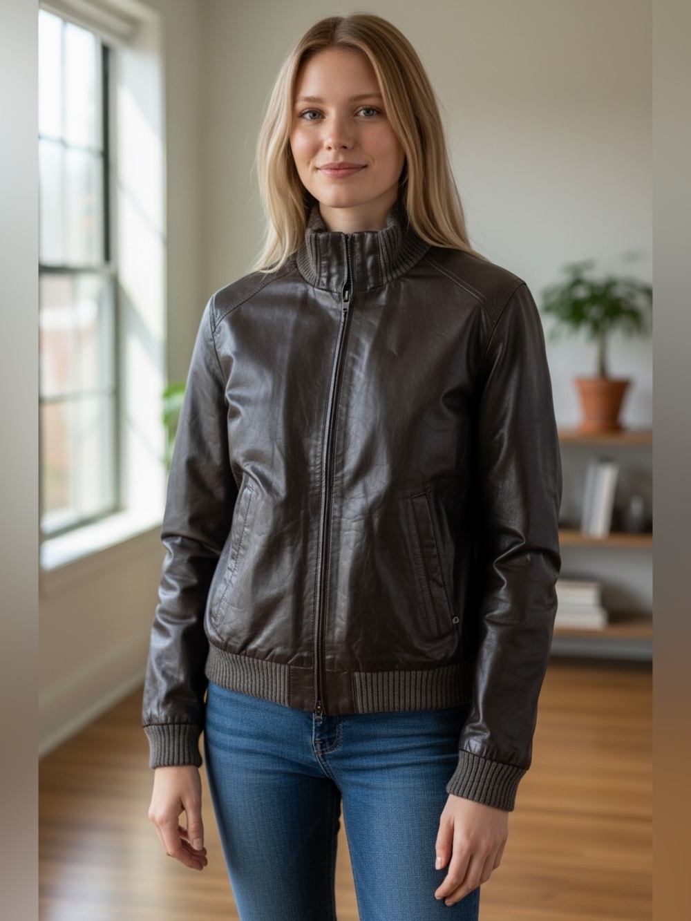 M0851 Leather Bomber Jacket Charcoal Gray Sz XS